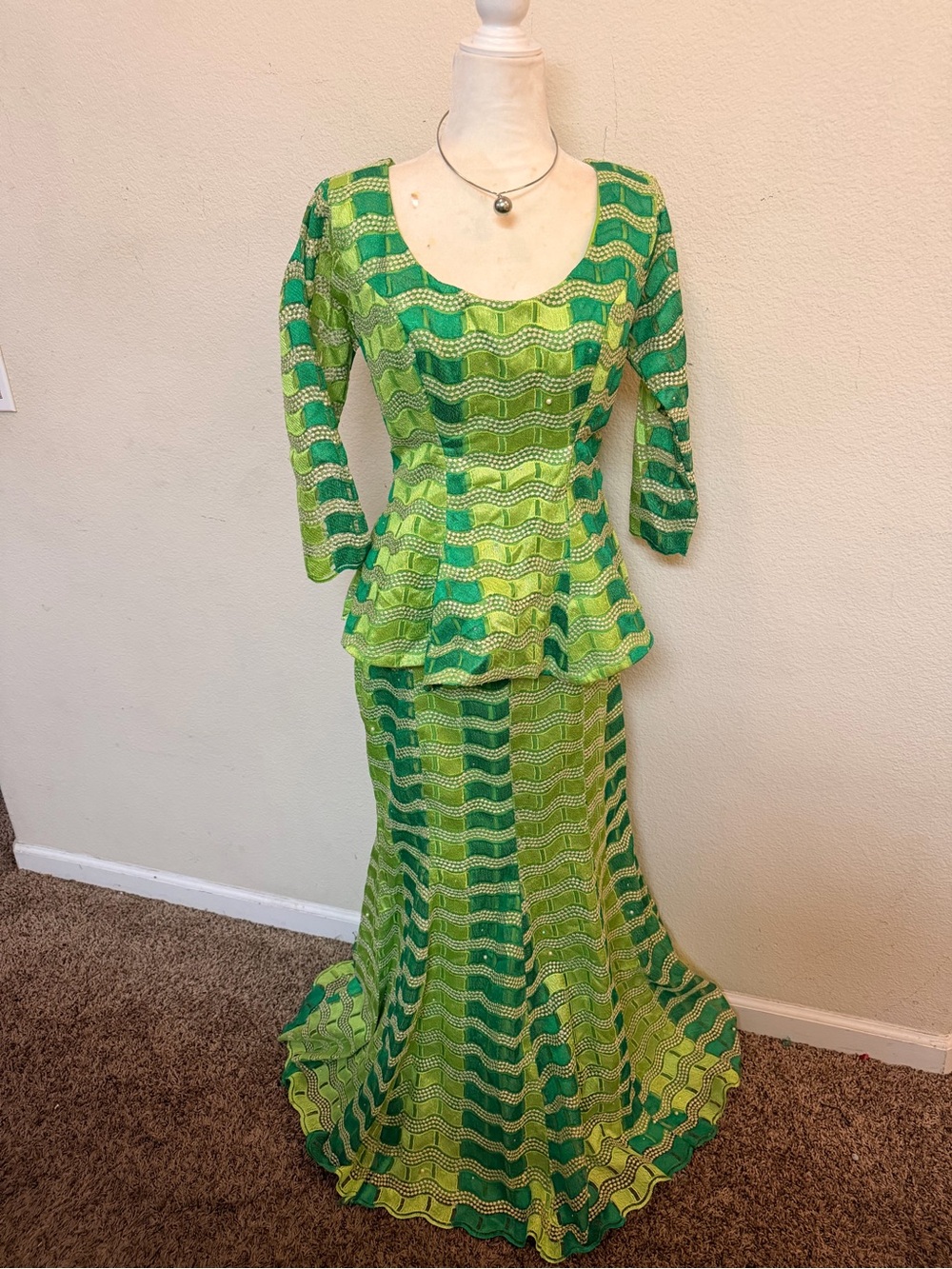 Green Patterned Peplum Maxi Dress - Women